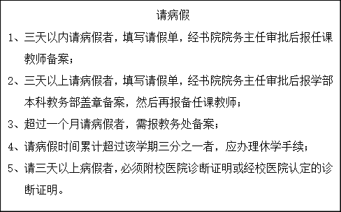 文本框: 请病假1、	三天以内请病假者，填写请假单，经书院院务主任审批后报任课教师备案；2、	三天以上请病假者，填写请假单，经书院院务主任审批后报学部本科教务部盖章备案，然后再报备任课教师；3、	超过一个月请病假者，需报教务处备案；4、	请病假时间累计超过该学期三分之一者，应办理休学手续；5、	请三天以上病假者，必须附校医院诊断证明或经校医院认定的诊断证明。